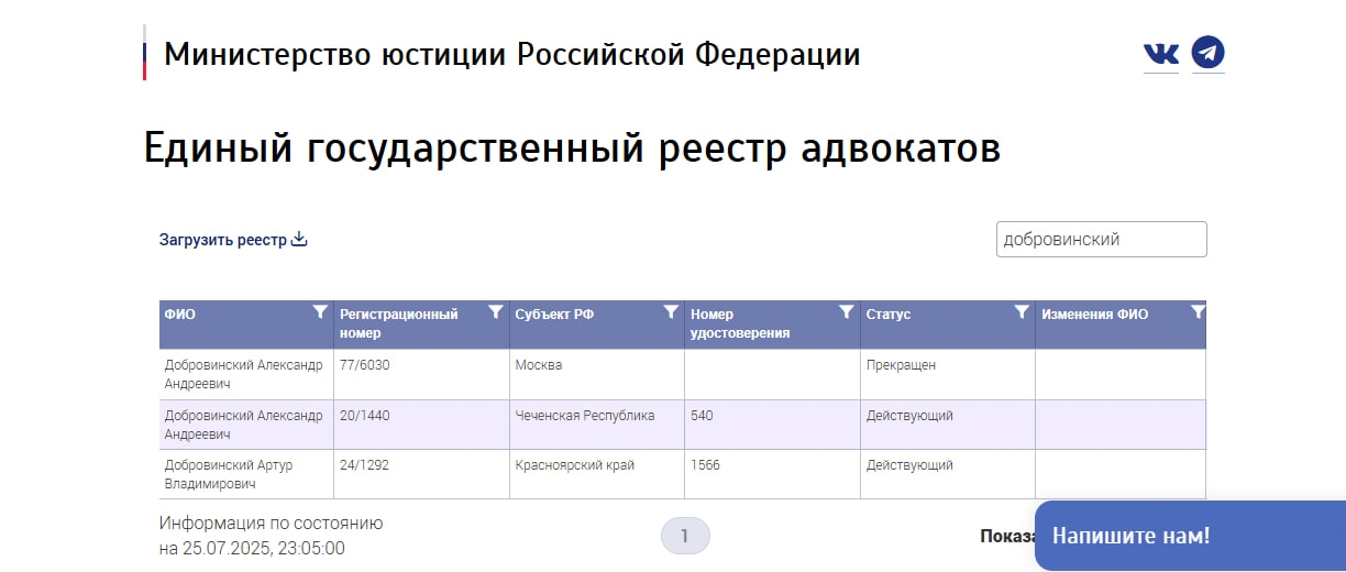 Фото: Скриншот страницы реестра адвокатов с сайта Минюста.